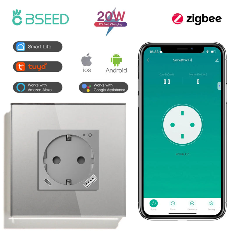BSEED Zigbee Smart Socket 20W Fast Charge USB Type-C Phone Charge Port Glass Panel Tuya Google Home Alexa Control