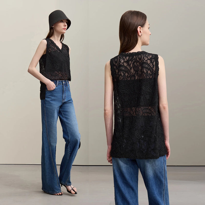 Amii Women's Camisole 2026 Summer New V-Neck Paisley Lace Tank Tops Loose Lightweight Sheer Female Sleeveless Shirt 12652017