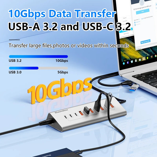 ប៊្លូអែនលីស អាលុយមីញ៉ូម USB3.2 ជំនាន់ទី 2 10Gbps 7 ច្រក 10 ច្រក USB-C Hub 7 ក្នុង 1 10 ក្នុង 1 USB-A Splitter Adapter សម្រាប់កុំព្យូទ័រយួរដៃ macbook