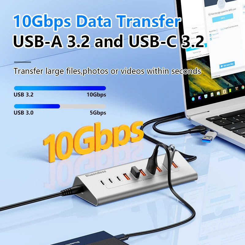 ប៊្លូអែនលីស អាលុយមីញ៉ូម USB3.2 ជំនាន់ទី 2 10Gbps 7 ច្រក 10 ច្រក USB-C Hub 7 ក្នុង 1 10 ក្នុង 1 USB-A Splitter Adapter សម្រាប់កុំព្យូទ័រយួរដៃ macbook