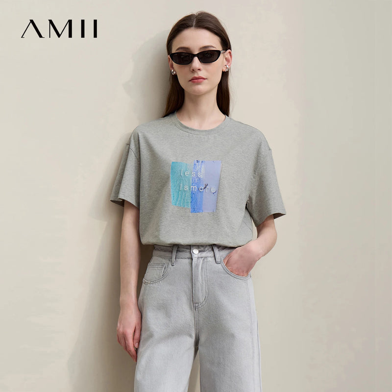 Amii Women's Tee Shirt 2026 Summer New O-Neck Printed Embroidered Cotton T-shirt Drop Shoulder Short Sleeve Elastic Top 12642009