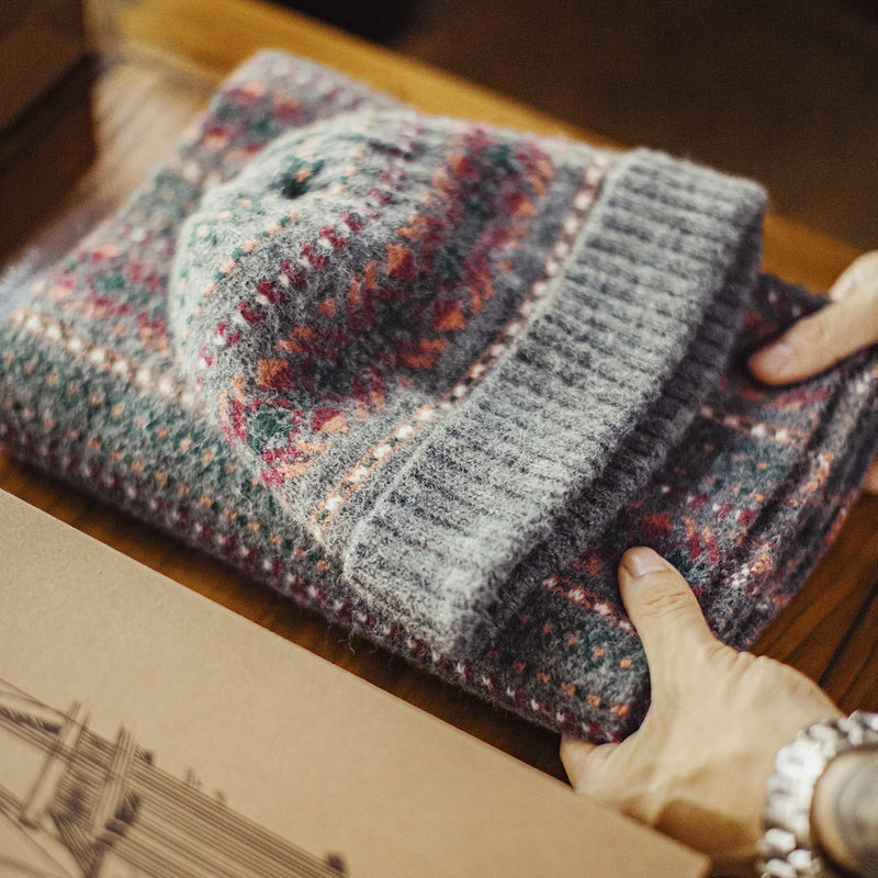 Maden Vintage Fair Isle Scarf & Beanie Set Windproof Hat Knit Pattern Scarf Wram Knit Unisex Winter Accessories Perfect Gift