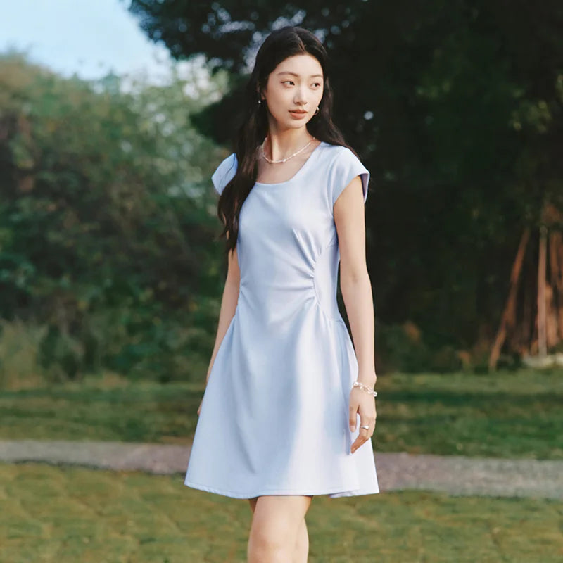 Semir Women Dress U Neck Solid Color Ruched Short Sleeve Minimalist Design Mini 2026 Summer Casual Fashion Top