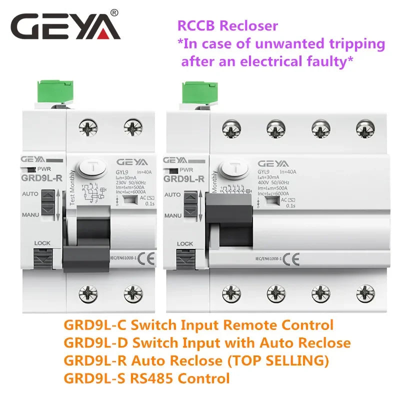 ឧបករណ៍បំបែកសៀគ្វីឌីផេរ៉ង់ស្យែល GEYA GRD9L ប្រភេទ A RCD ស្វ័យប្រវត្តិ 2P 40A 30mA 100mA 300mA កុងតាក់សុវត្ថិភាព 220V