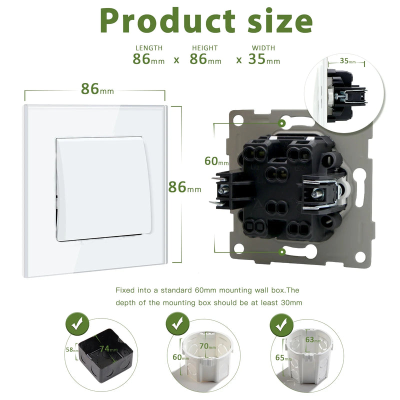 BSEED EU Standard Wall Light Switch 1/2Gang 1/2Way Toggle Switch Glass Panel White Color Wall Switch On Off 10A 250V for Stairs
