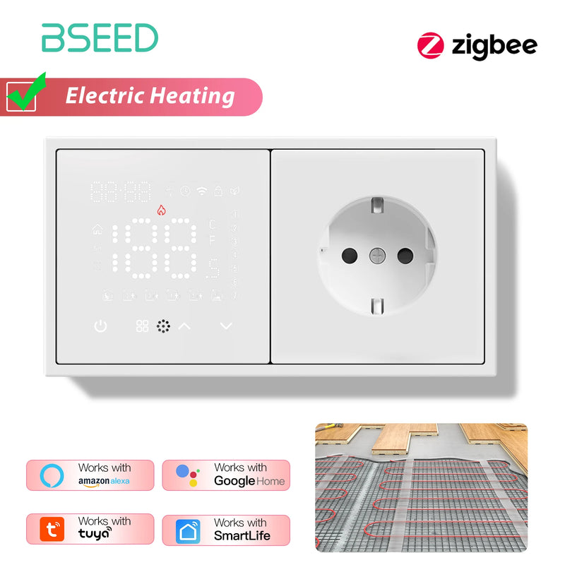 BSEED Zigbee Thermostat Smart Electric Floor Heating Water Boiler With Socket Alexa Google Temperature Controller Plastic Frame