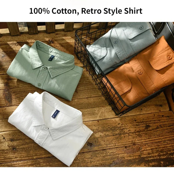 Spring and Autumn Long Sleeve Cargo 100% Cotton Hite Shirts for Men Clothing Retro Style Button Up Pocket  Streetwear AZ102