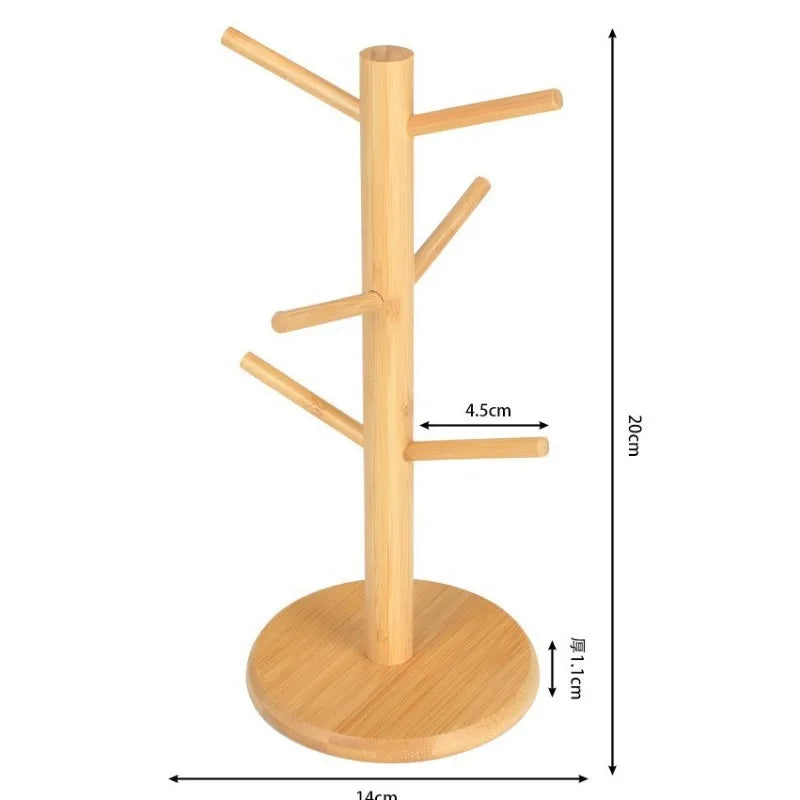 1pc legant Bamboo Cup Holder with Wooden Finish,Space-Saving Kitchen Organizer,with Multiple Hooks, Ideal for Home or Office.
