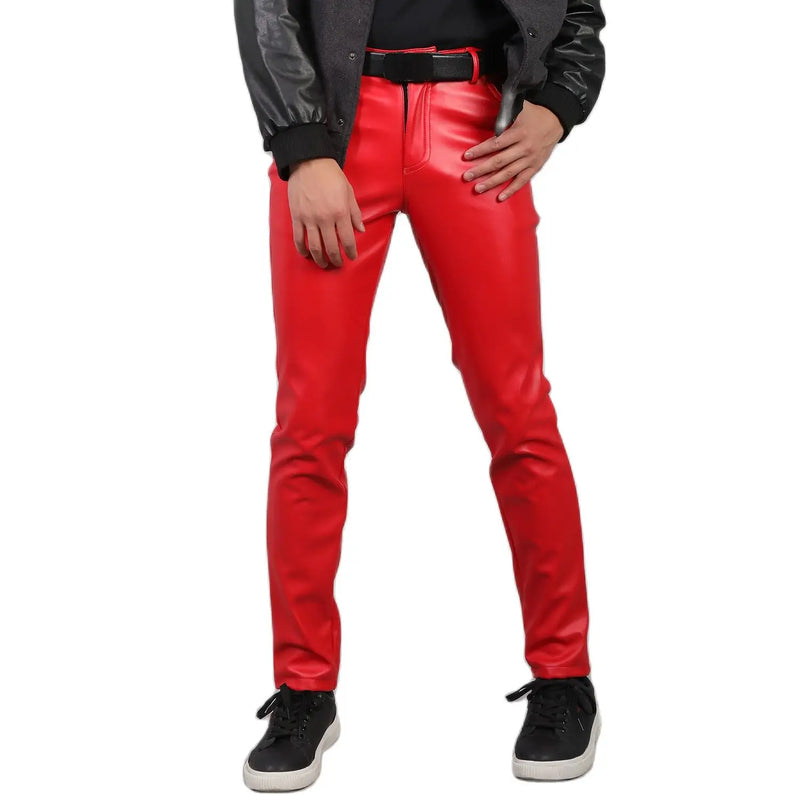 2026 Bright Green Men's Biker Leather Pants, Fashion Slim Stretch PU Pants Red Blue Black Gray Men Pant Plus Size 28-36 38 40