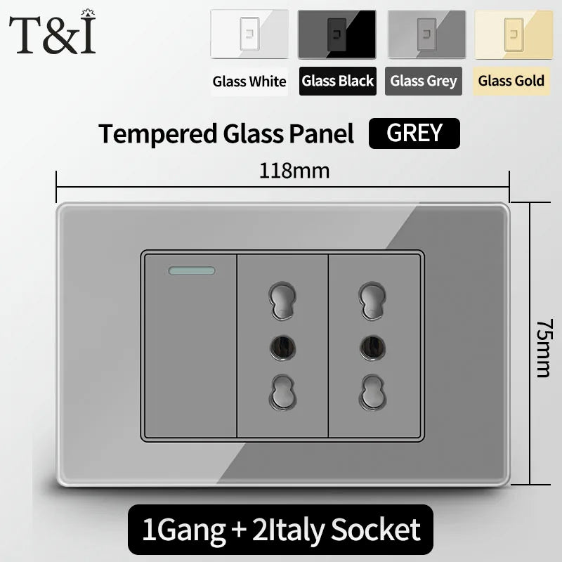 T&I Wall Switch Sockets With USB TypeC  Fast Charging, Italy Socket , Chile Schuko Outlet, Tempered Glass Panel for Home