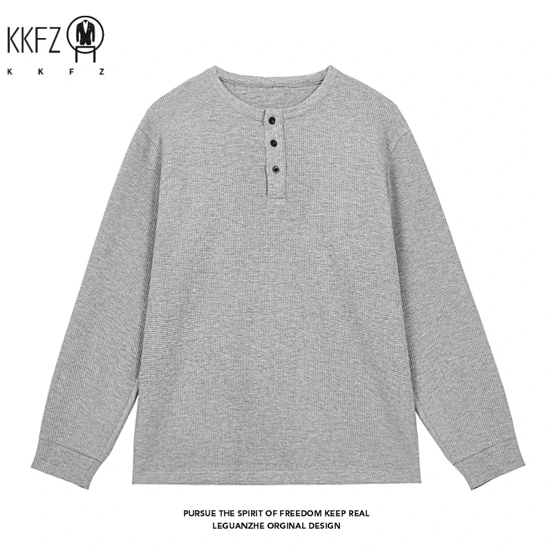 Autumn Basic Long Sleeve Pullover Men Round Neck Waffle Knit Button Notch Easy Matching Daily Street Fashion Apparel