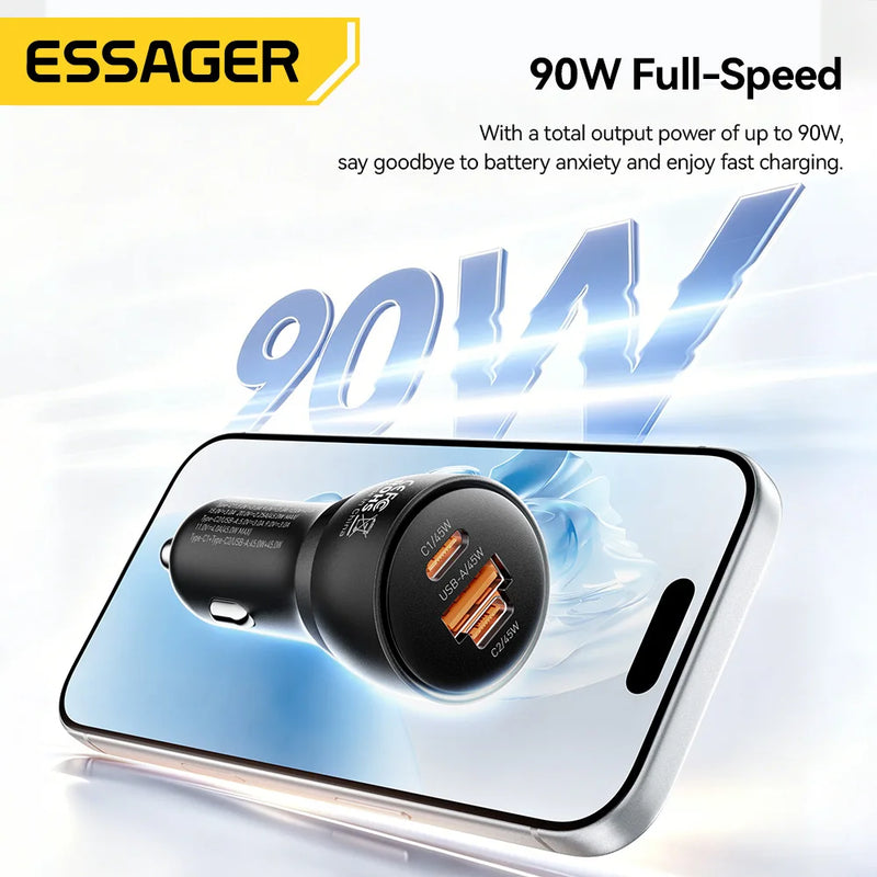 Essager 90W USB Type-C Car Charger PD QC SCP AFC PPS 45W Fast Charging Mini Car Phone Charger For iPhone18 17 Pro Samsung Xiaomi