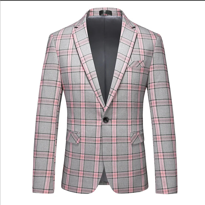 Men's Black White Plaid Long Sleeve Blazers, Fashion Slim Fit Suit Jacket, Wedding Party Tops Coat, Asian Size M6XL