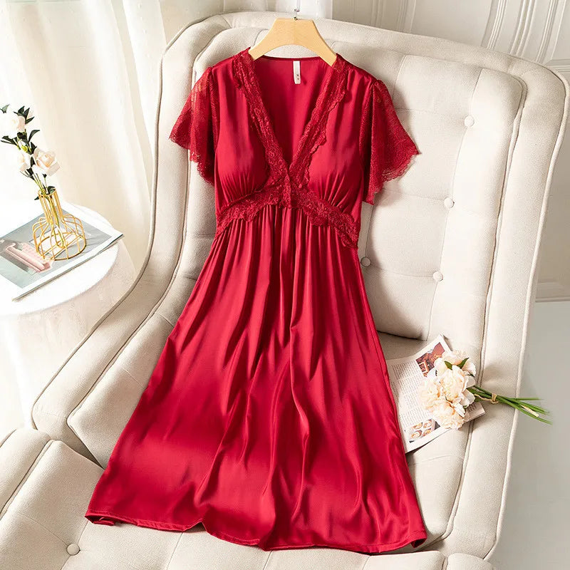 Fdfklak Sexy Silk Satin Thin Short-Sleeved Nightdress Women's Summer Nightgown New Princess Lace Ladies Sleepwear Nightshirt