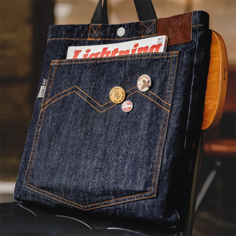 កាបូប Maden Unisex Retro ទំហំ 14oz Denim កាបូបស្ពាយស្មាតែមួយ កាបូបស្ពាយដៃប៉ាក់ កាបូបស្ពាយដៃច្រើនមុខងារ កាបូបស្ពាយទំហំធំ