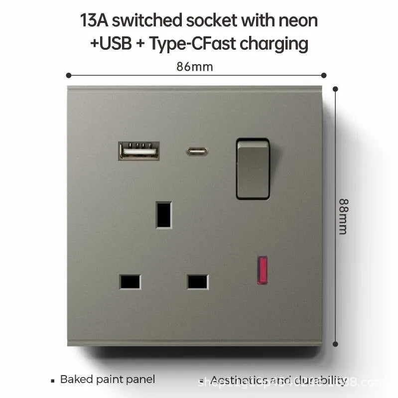 UK 13A with USB Type-c 18W Quick Charge Wall Power Socket Plug,Universal Wall light Switch Panel Dual USB Electrical Outlet