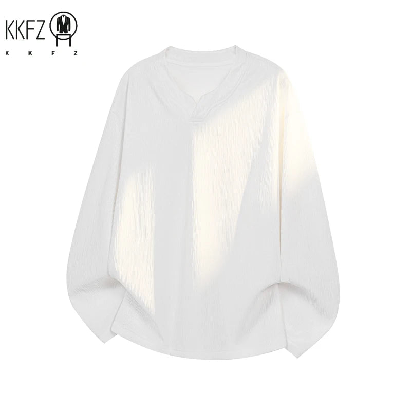 Male Relaxed Oversized V Notch Long Sleeve Top Crinkle Pleated Pattern Lightweight Fabric For Holiday Daily Styling Look
