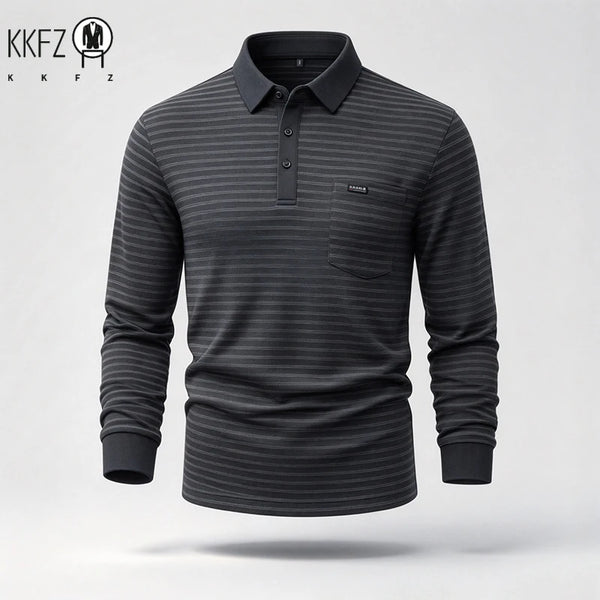 Mens Lapel Collar Long Sleeve Striped Polo Shirt With Chest Pocket Soft Handfeel Top For Business Wear In Autumn