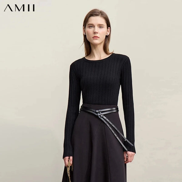 Amii Women's Autumn Sweater 2026 New Casual Round Neck Flared Sleeve Pullover Knitwear Solid Color Ladies Slim Top 12621042