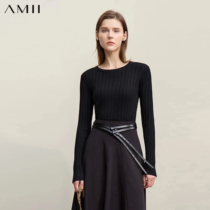 Amii Women's Autumn Sweater 2026 New Casual Round Neck Flared Sleeve Pullover Knitwear Solid Color Ladies Slim Top 12621042