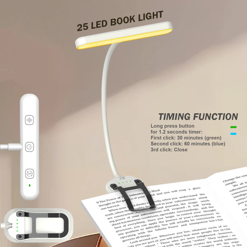 ភ្លើងអានសៀវភៅ LED 20/25 ដែលអាចសាកបានតាម USB មាន 3 ពណ៌ 5 កម្រិតពន្លឺ – ភ្លើងដោតច្រើនមុខងារសម្រាប់អានសៀវភៅពេលយប់