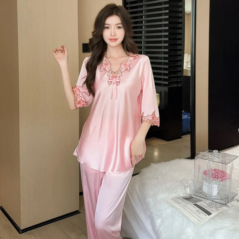 Elegant Two-piece Set Long-sleeved Trousers Pajamas Summer Sleepwear Woman Nightwear Solid Color Home Wear Sexy Pijama Pyjamas