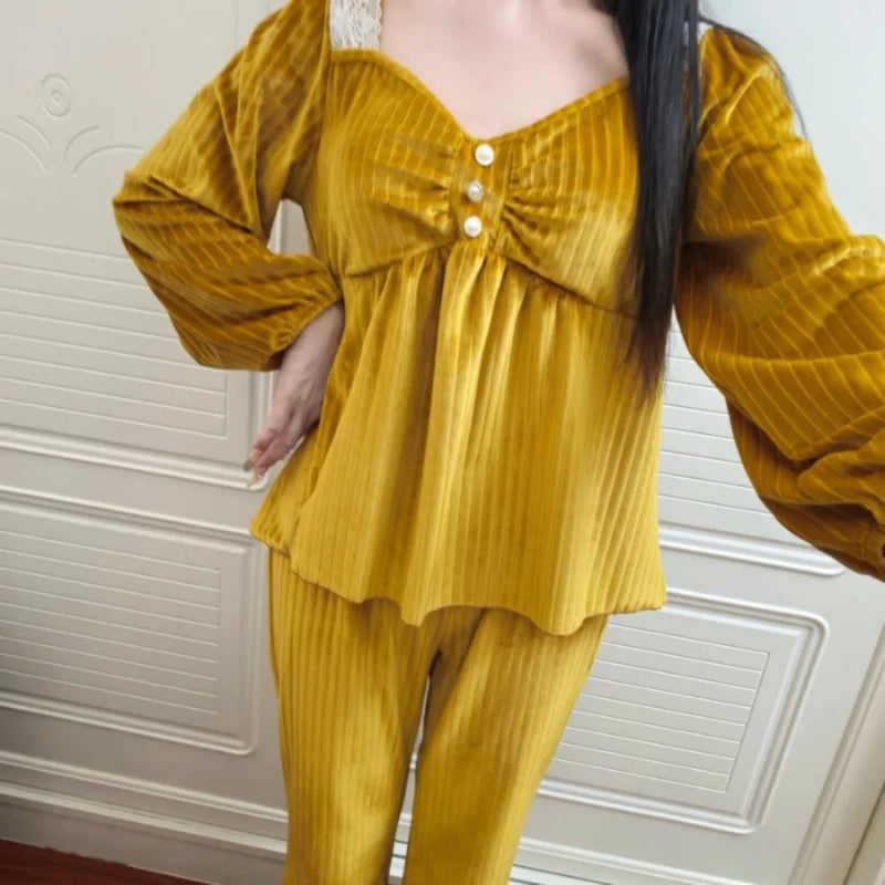 Chest Pad Lady Long-sleeved Two-piece Suit Sleepwear Pajamas New Spring Autumn 2026 Elegant Home Clothes Pyjama Femme Nightwear