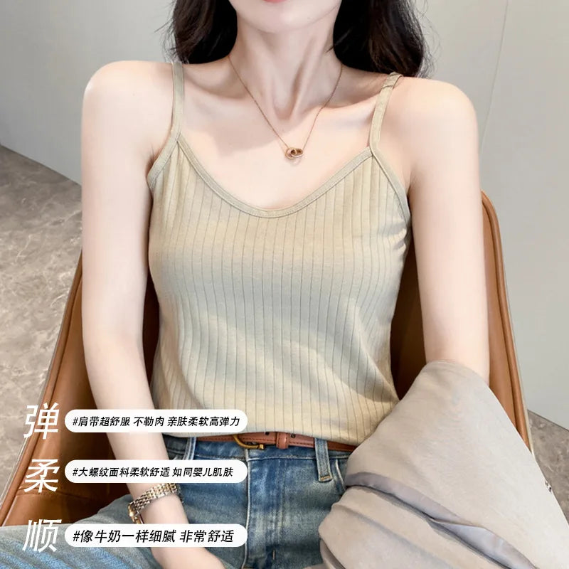 Pure Cotton Sling Vest Women's Slim Versatile Inner Outer Bottoming Shirt Comfortable One Piece Pajamas Top Female Sleepwear
