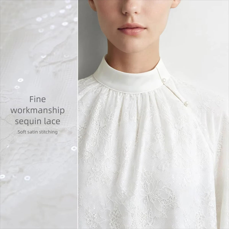 Amii Women Shirt Loose Fit Stand Collar Sequin Lace Raglan Sleeves Casual Office 2026 Autumn New Elegant Women Tops 12643029
