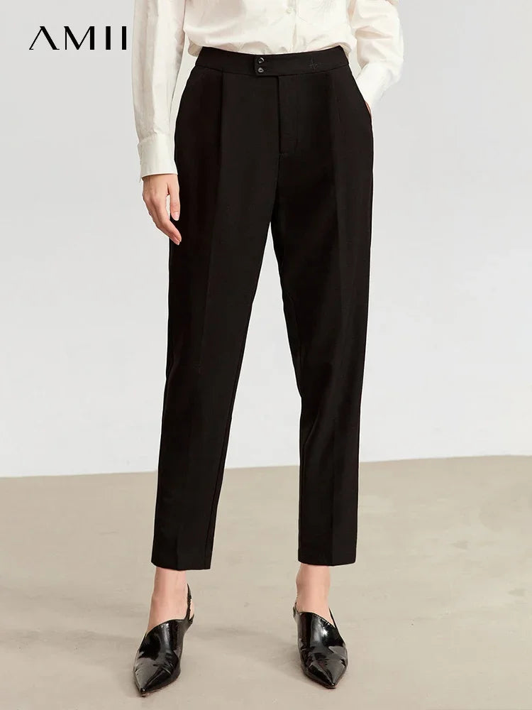AMII 2026 Autumn New Women Anklie-length Pants Commuter Basics Embroidery Tapered Pants Casual Straight Trousers Female 12343053