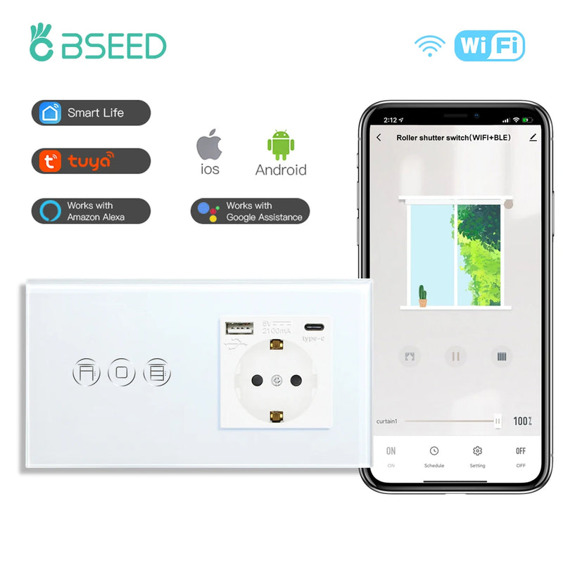 BSEED Wifi Touch Roller Shutter Switch With EU Standard Wall Socket USB Type-C Smart Wireless Blinds Switch Tuya Alexa Control