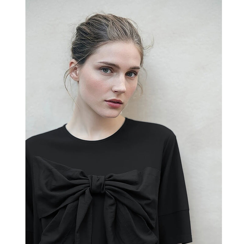 Amii Mini Dress Elegant Bow Detail O-Neck Short Sleeve 2026 Summer New Womens Dresses Casual Patchwork Woman Clothing 12652048