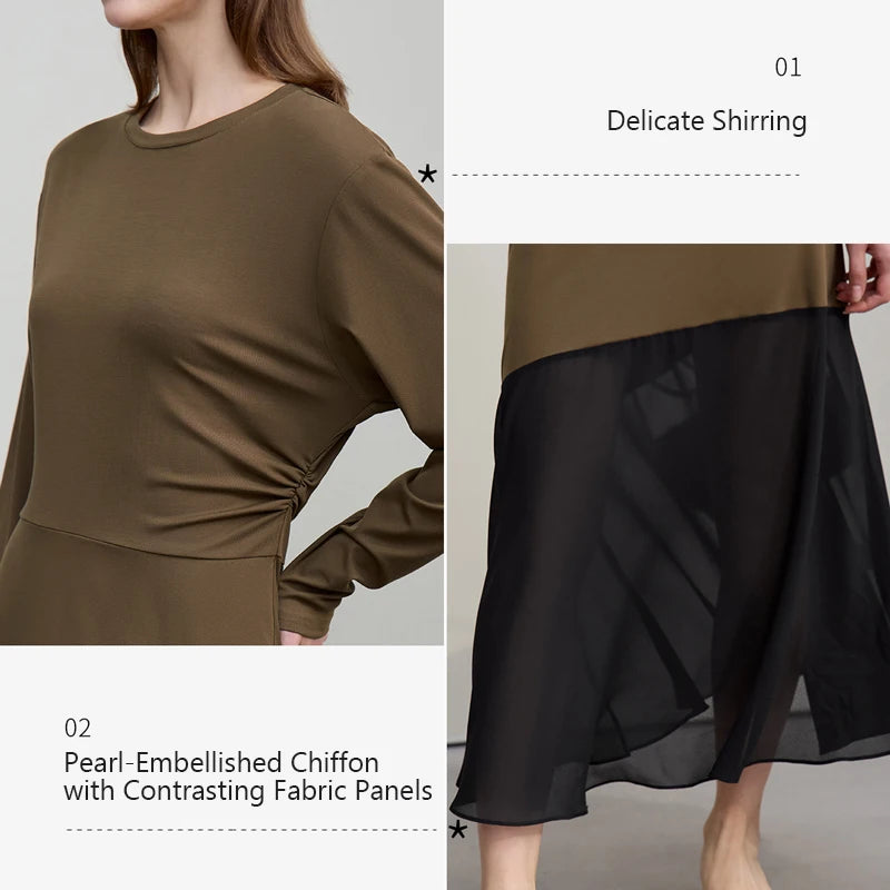 រ៉ូប Amii Womens រដូវស្លឹកឈើជ្រុះឆ្នាំ ២០២៦ រ៉ូបថ្មីឆើតឆាយ លំនាំប៉ាក់ អាវក្រណាត់ Chiffon រាងអក្សរ H រលុង សំពត់វែងធម្មតាសម្រាប់នារី 12621063