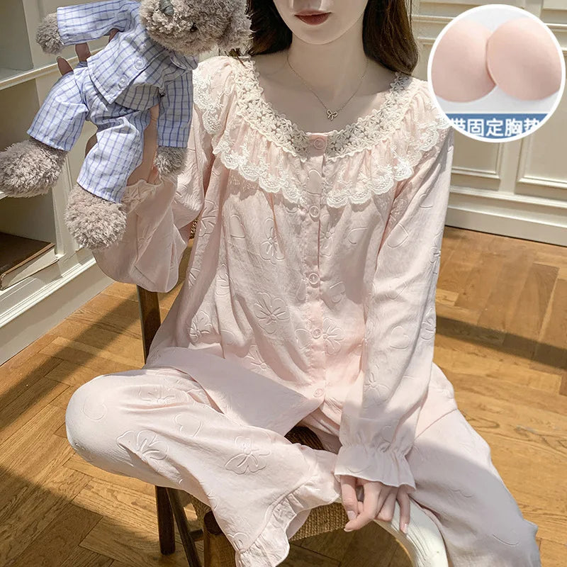 Korean Casual Women's Pajamas Set Sweet Cotton Nightwear Spring Autumn Sleepwear For Sleeping Bra Pad Home Suit For Women