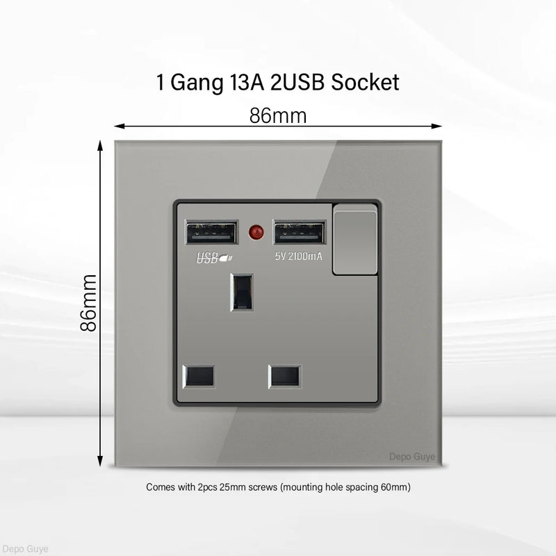 Grey UK 13A Tempered Glass USB Type C 18W Quick Charge Socket,Dual Universal Power Outlet,Home Light Electric Switch Panel