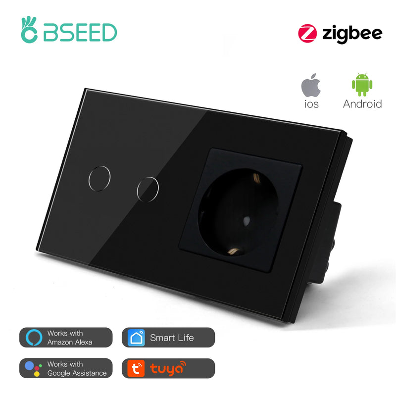 BSEED Zigbee Switch 1/2/3Gang Smart Sensor Switch Tuya Smart Life Control No Neutral Line With Normal EU Wall Socket