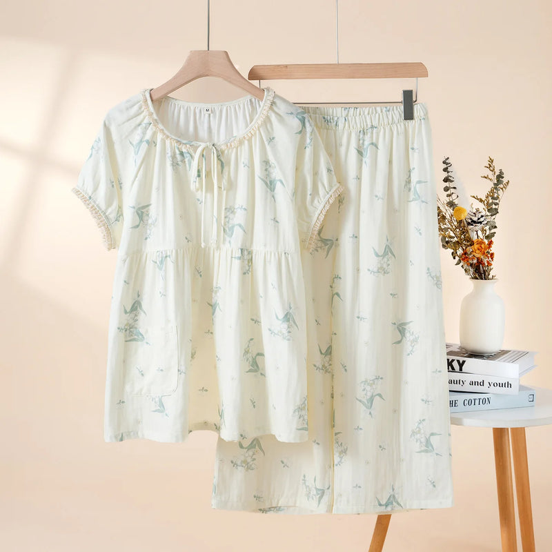 Summer Short Sleeve Sleepwear Loungewear Sets Women Pajama Home Wear Pijama Suit 2026 New Floral Night Wear Ladies Pyjama Set