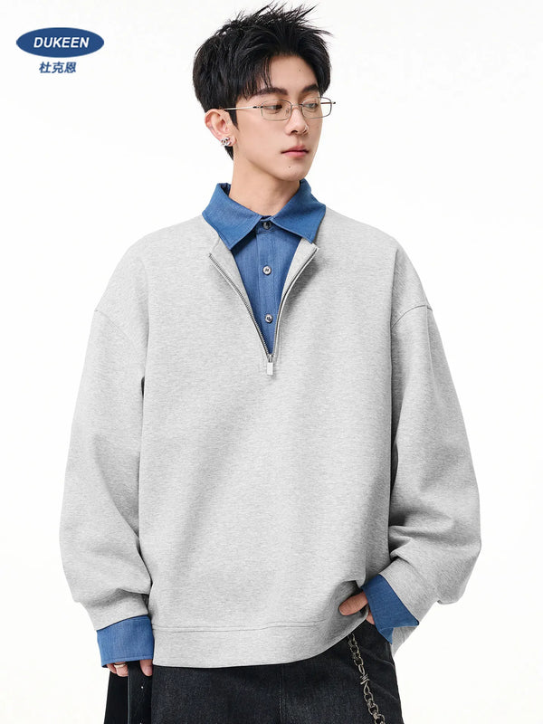 DUKEEN Men's Heavyweight Colorblock Half-Zip Sweatshirt - Spring Pullover with Polo Collar and Layered Look for Teens