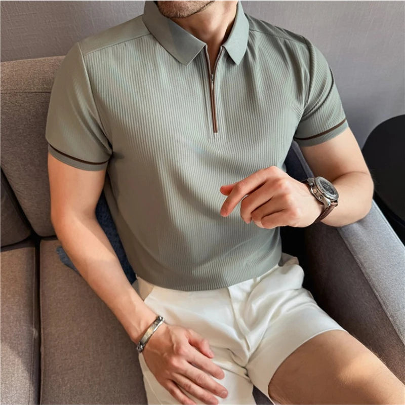 Men's Summer Polo Shirt - Striped, Zip Front, Cooling Fabric Breathable, Sweat-wicking, Casual Daily T-shirt