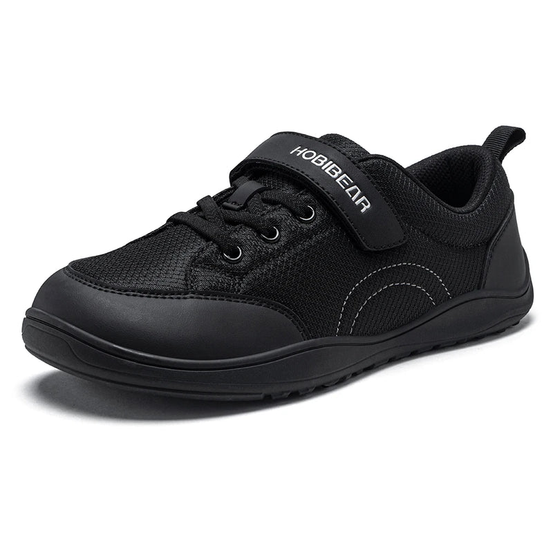 HOBIBEAR Wide Width Shoes Kids Barefoot Hook-Loop Sneakers Artificial Leather Mesh Lightweight Zero Drop Walking Shoes