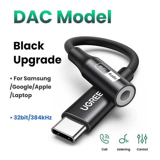 UGREEN USB Type C to 3.5mm Earphone USB C Cable USB C to 3.5 Headphone Adapter Audio Cable For Xiaomi Mi10 HUAWEI P30 Oneplus 9 Upgrade DAC Black 10-12cm CHINA