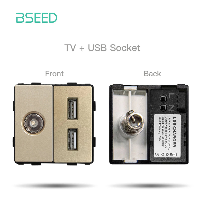 BSEED DIY Modules EU Glass Panel Double USB Socket Internet CAT5 RJ45 ST TV Power Socket Wall-Mounted Free Combination