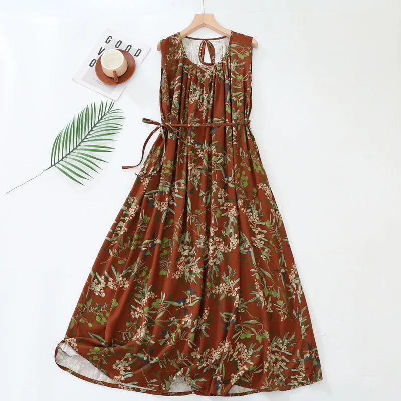 Spring Summer New Literary Artistic Style Large Size Women's Clothing Cotton Silk Printing Night Dress Lady Home Nightgowns