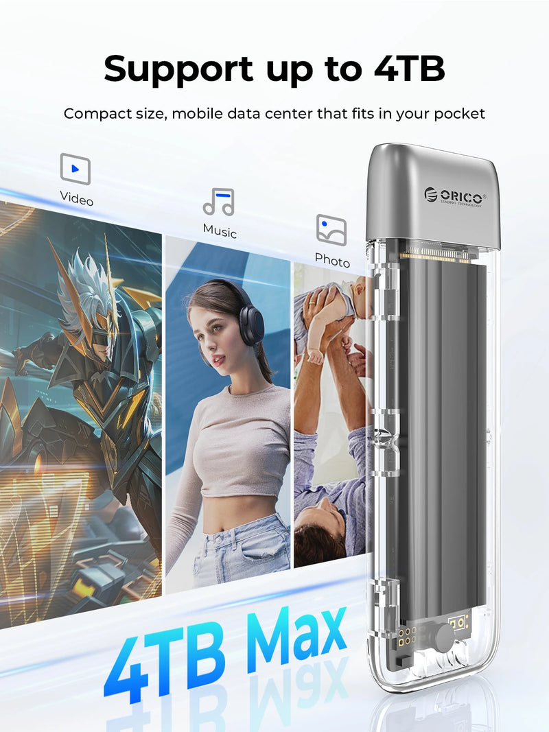 ORICO M.2 SSD Case NVME SATA SSD Enclosure Tool Free 10Gbps M.2 to USB Type C Transparent External Adapter Portable