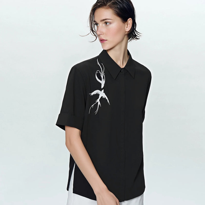Amii Women's Shirt 2026 Summer New Chinese Embroidery Asymmetric Lapel Women's Cotton Shirt Short Sleeve Casual Tops 12622125