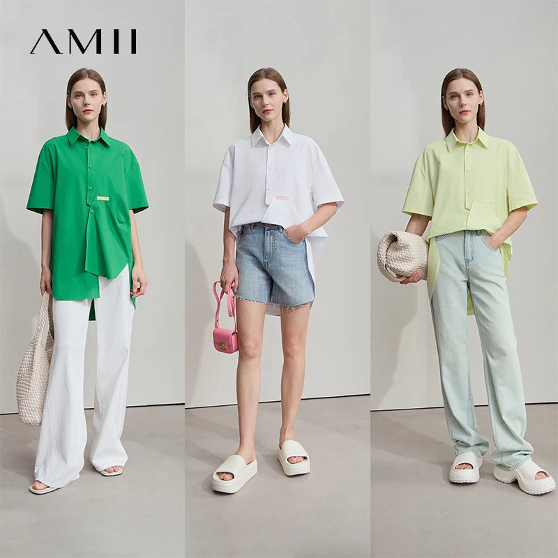អាវកប្បាស AMII ឆ្នាំ ២០២៦ រដូវក្តៅសម្រាប់នារីការិយាល័យពណ៌រឹង កអាវធម្មតា ប៉ាក់ត្រង់ស្មា ដៃអាវស្ត្រី 12542058