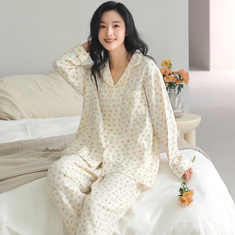 Pajama Woman Winter Cotton Spring Autumn Home Clothes Lapel Shirt Pant Suit Casual Printed Sleepwear Set New Pyjamas Femme