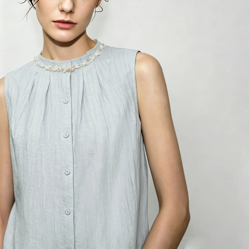Amii Women's Shirt 2026 Summer Beaded Trim Acetate Sequin Ribbon Sleeveless Top Loose Elegant Office Women's Clothing 12622180