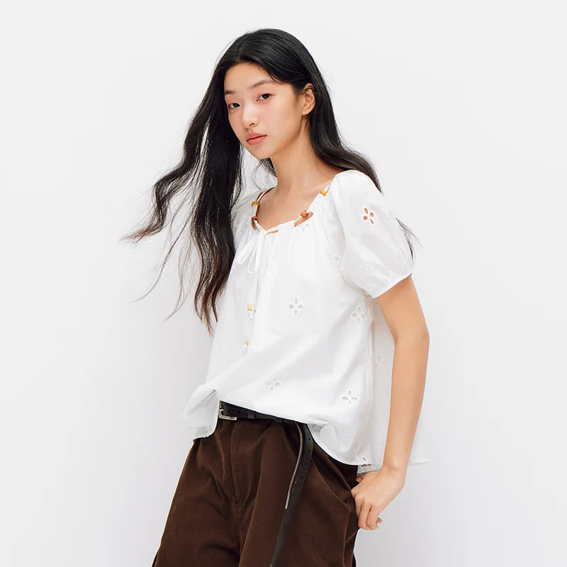 Semir Women Shirt Short Length Beaded Square Neck Puff Sleeve White French Cute 2026 Summer Casual Top