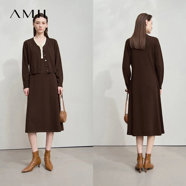 AMII Dress Ladies 2026 Autumn New Woman Clothing V-neck Fake Two-piece Knitted A-line Casual Elegant Dresses For Woman 12543051